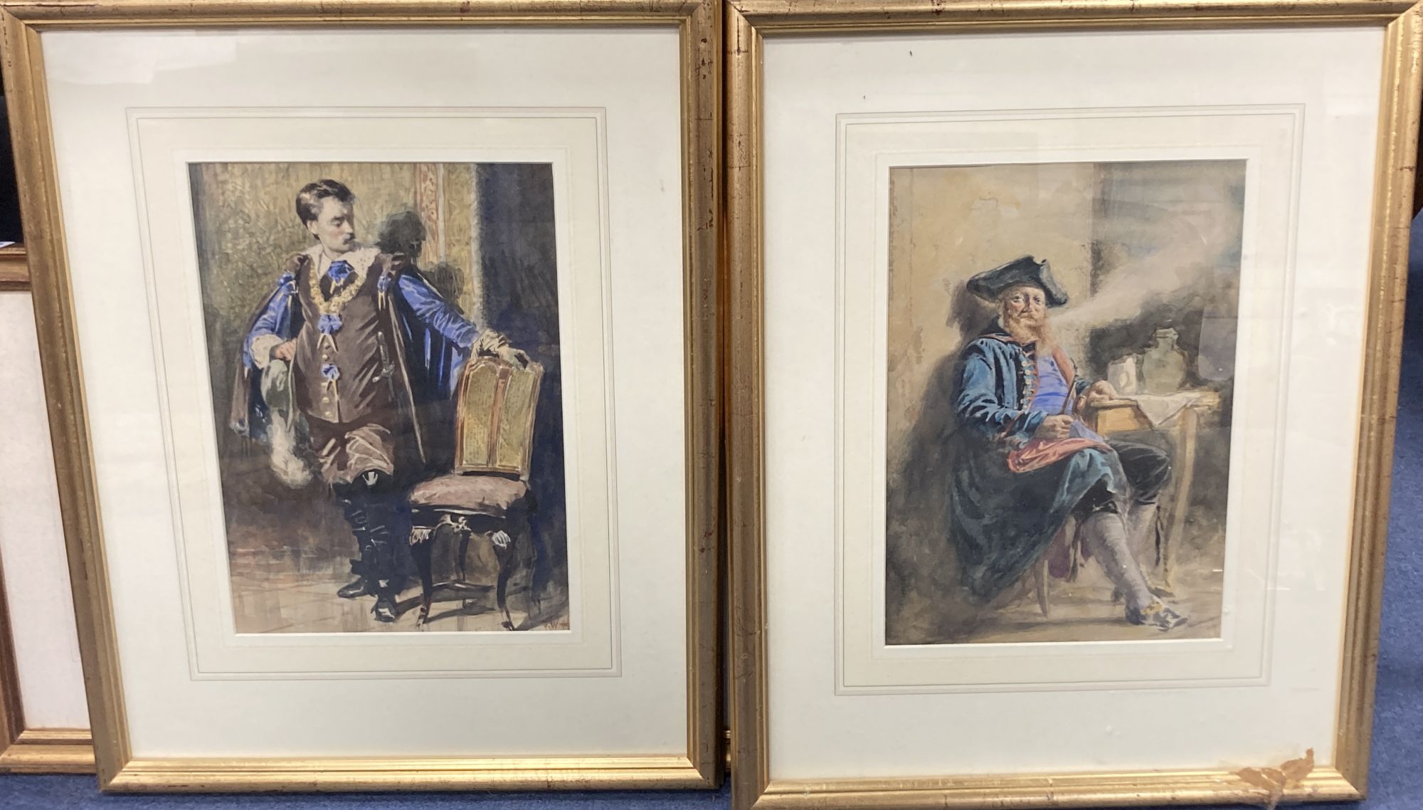 F.W.H circa 1900, pair of watercolours, 17th century sea captain and gallant, one initialled, 31 x 22cm.